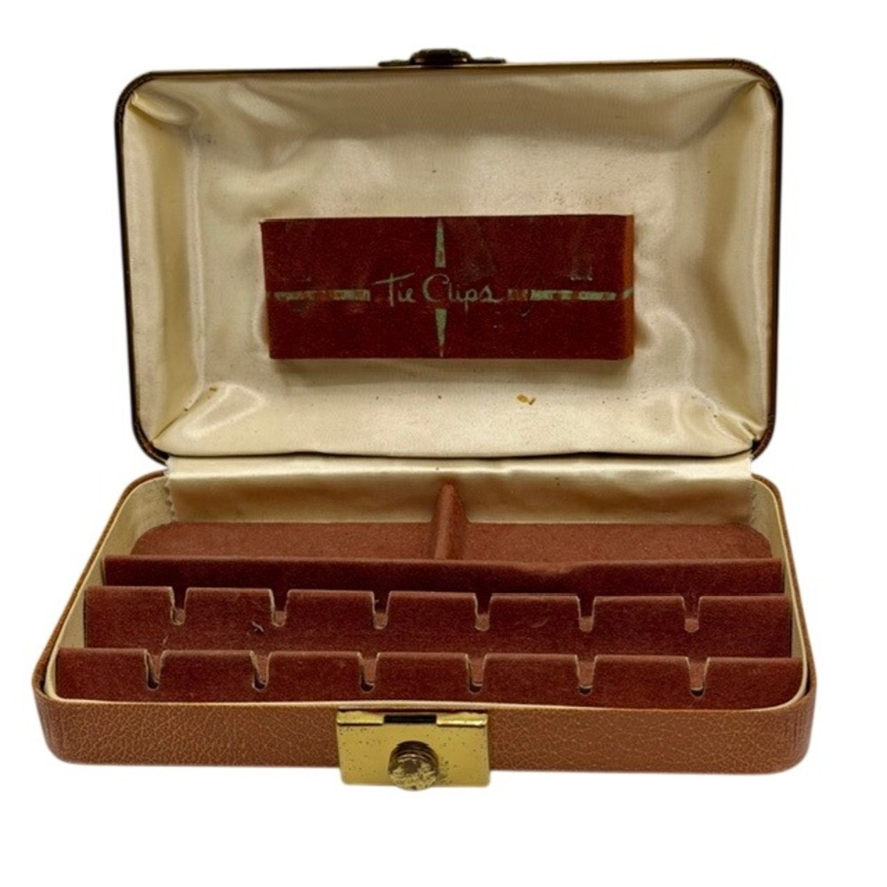 Hickok Vintage Mens Tie Clip Cuff Link Case Tan Faux‎ Leather Shield Pattern